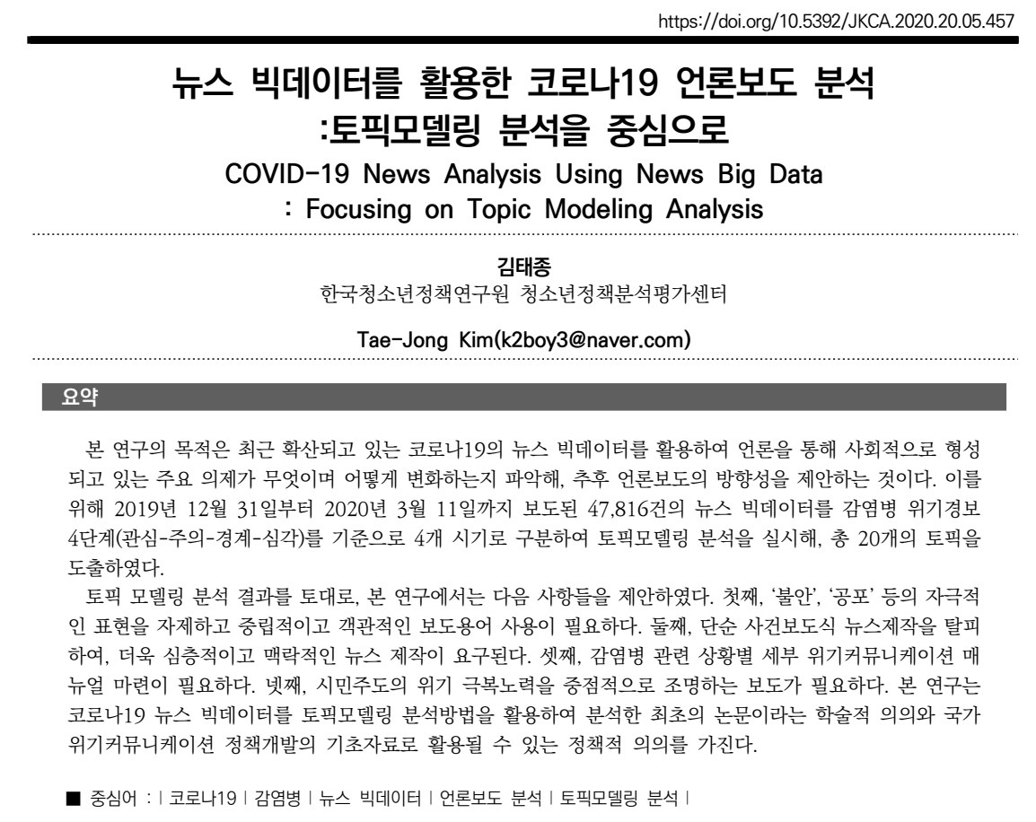 '뉴스 빅데이터를 활용한 코로나19 언론보도 분석' 초록