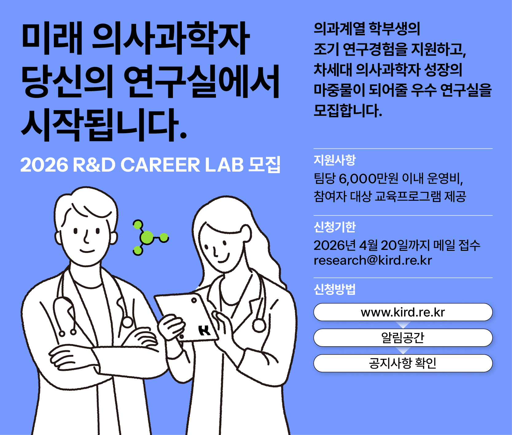 미래 의사과학자 당신의 연구실에서 시작됩니다.
2026 R&D CAREER LAB 모집
의과계열 학부생의 조기 연구경험을 지원하고, 차세대 의사과학자 성장의 마중물이 되어줄 우수 연구실을 모집합니다.
지원사항 팀당 6,000만원 이내 운영비, 참여자 대상 교육프로그램 제공
신청기한 2026년 4월 20일까지 메일 접수 research@kird.re.kr
신청방법 www.kird.re.kr → 알림공간 → 공지사항 확인